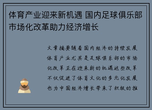 体育产业迎来新机遇 国内足球俱乐部市场化改革助力经济增长