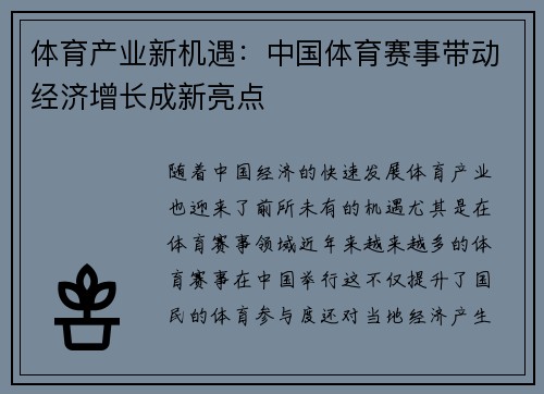 体育产业新机遇：中国体育赛事带动经济增长成新亮点