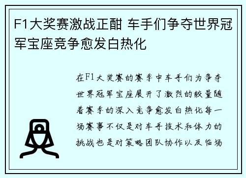 F1大奖赛激战正酣 车手们争夺世界冠军宝座竞争愈发白热化