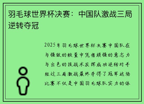 羽毛球世界杯决赛：中国队激战三局逆转夺冠